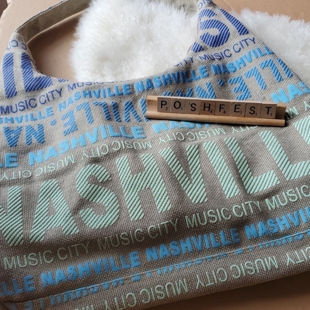 NASHVILLE tote Robin Ruth tan blue green w/ Zipper Souvenir Scrabble Poshfest